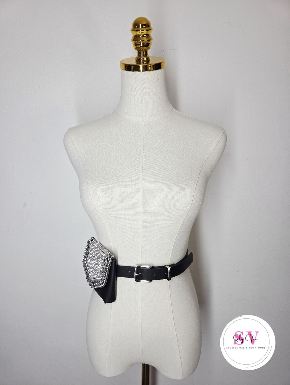 Black Belt Bag With Rhinestone & Chain Details
